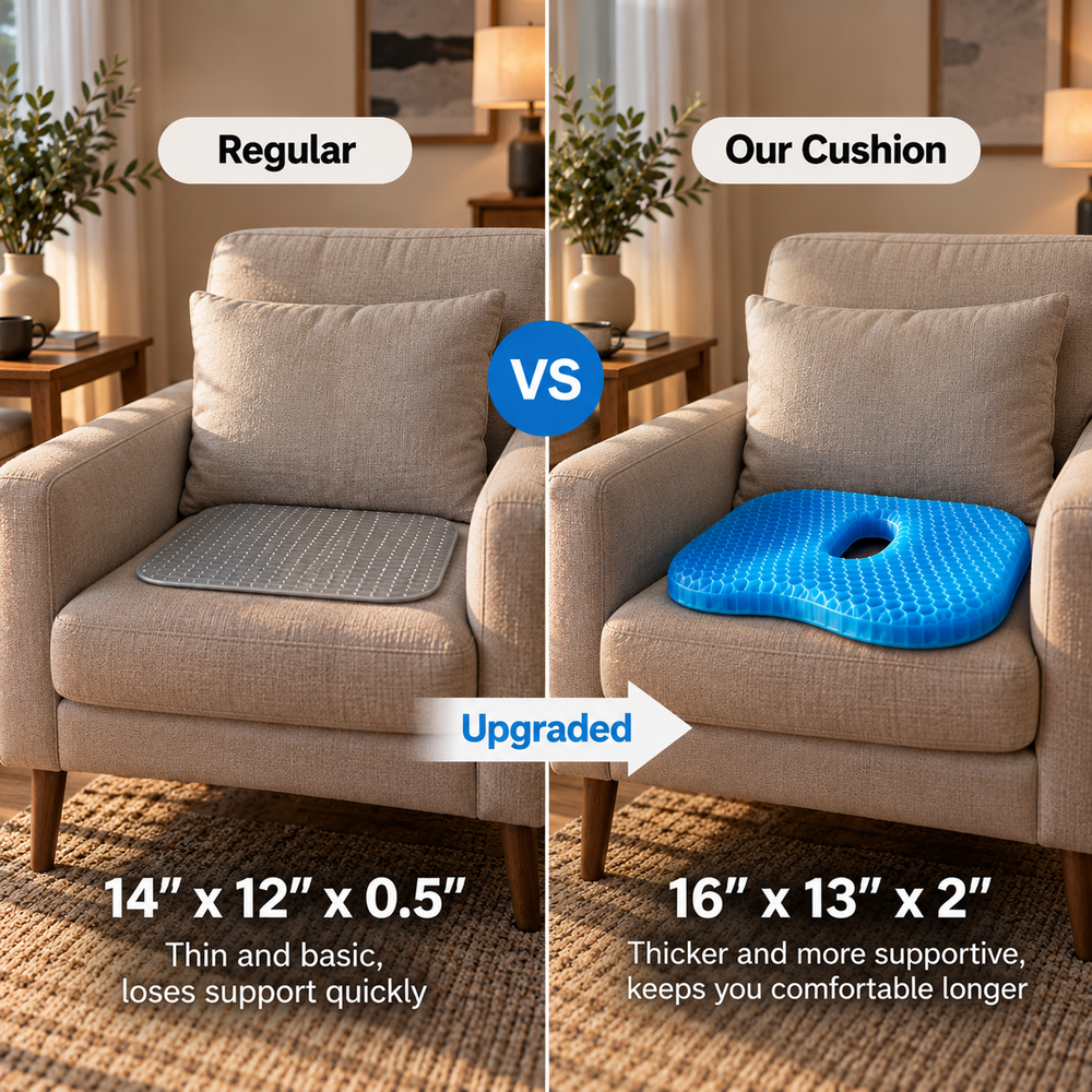 A thin regular cushion next to the thicker MEDIGRID honeycomb gel cushion